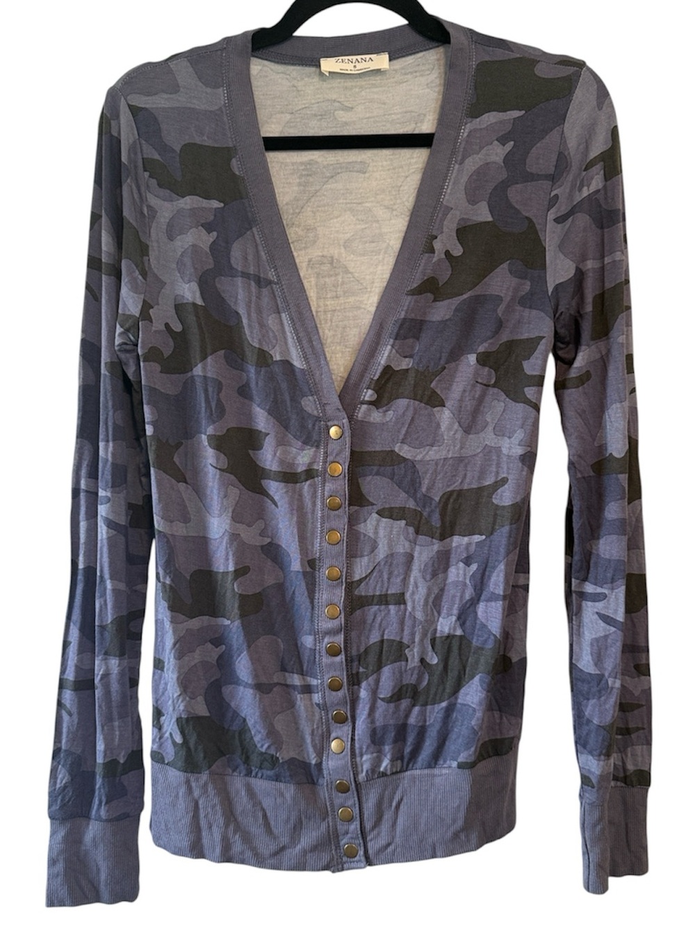Zenana Blue Camo Lightweight Snap Button Front Cardigan